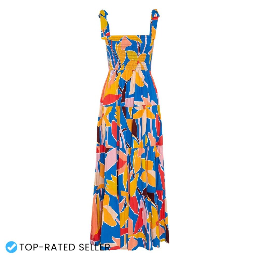 Boho Maxi Dress Square Neck Spaghetti Strap Ruffle Hem Casual Flowy Summer